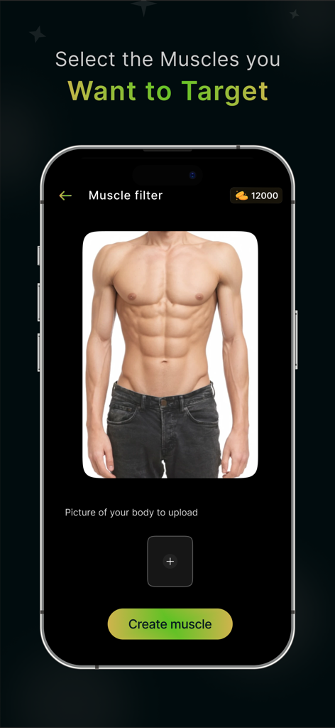 AI Muscle filter: Giga AI Body - Interface of the AI Muscle filter app showing a muscular torso and an option to upload a body photo