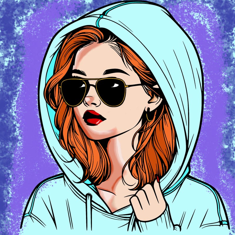 realistic teenage girl, wearing a hoodie and sunglasses