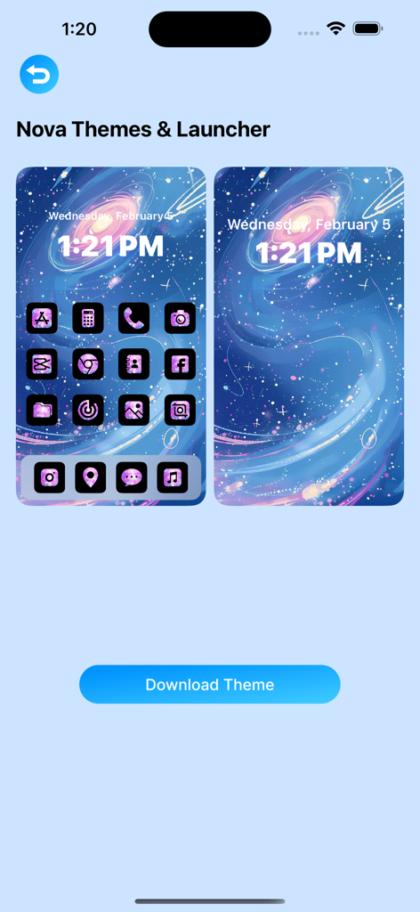 Nova Themes & Launcher - Space themed home screen with custom purple icons and galaxy wallpaper