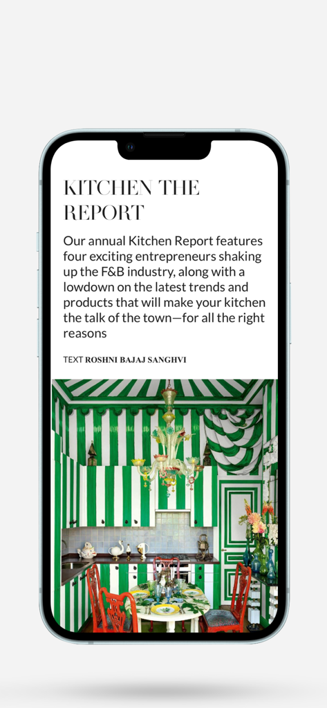 Architectural Digest India - Architectural Digest India app showing a kitchen report article with a bold green and white striped interior design.