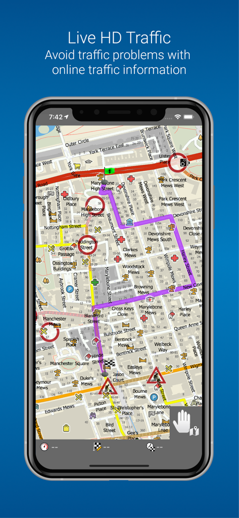 MapFactor Navigator app displaying live HD traffic alerts and a planned route on a city map.