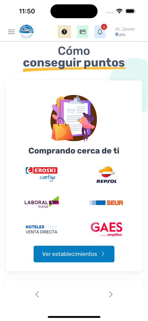 Pantalla de la app Travel Club mostrando socios de marcas donde los usuarios pueden ganar puntos de recompensa.