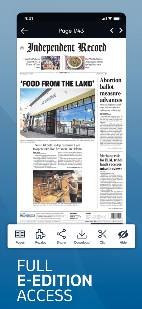 Helena Independent Record - Helena Independent Record app displaying the full digital e-edition replica of the local newspaper front page