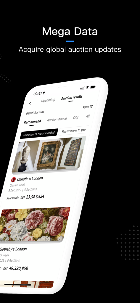 ArtPro app interface showing global auction results from Christie's and Sotheby's London