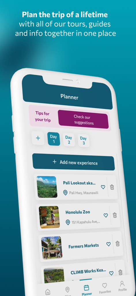 Screenshot of the Revealed Travel Guides app planner showing a multi-day vacation itinerary with local Hawaiian attractions