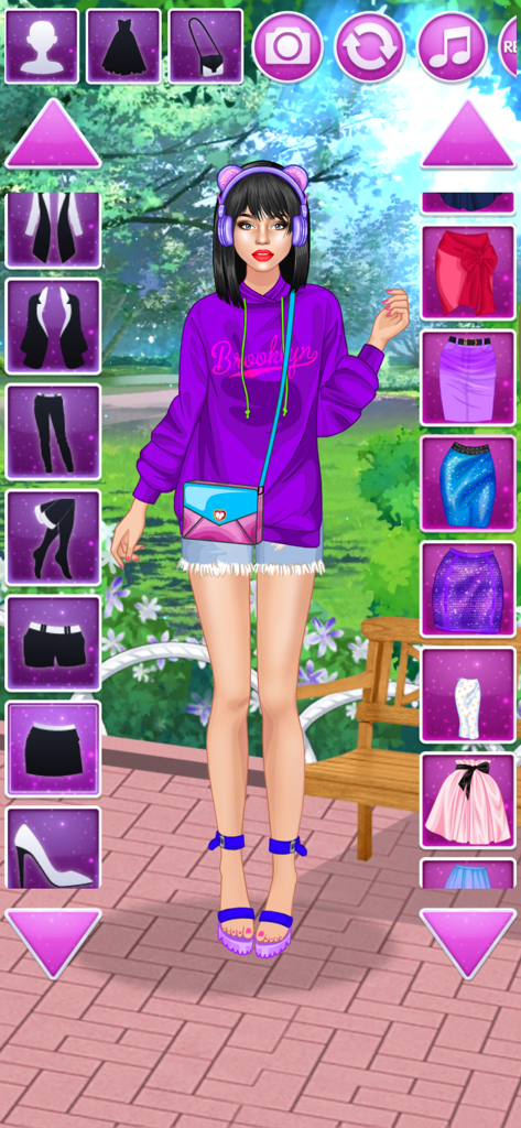 Dress Up Games: Fashion Girl - A girl character in a purple hoodie and headphones being styled in a dress up game app