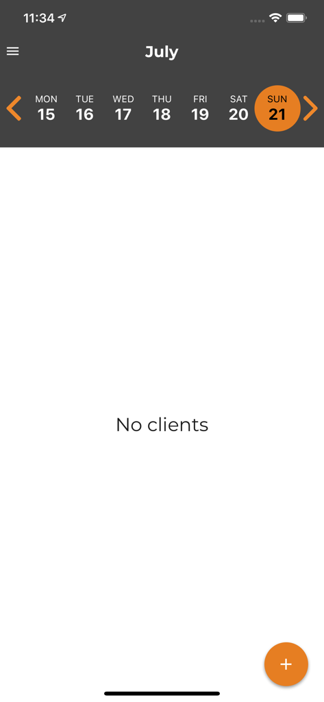 Repzo Pro - Daily schedule view in the Repzo Pro app showing a calendar and no clients scheduled for the selected date