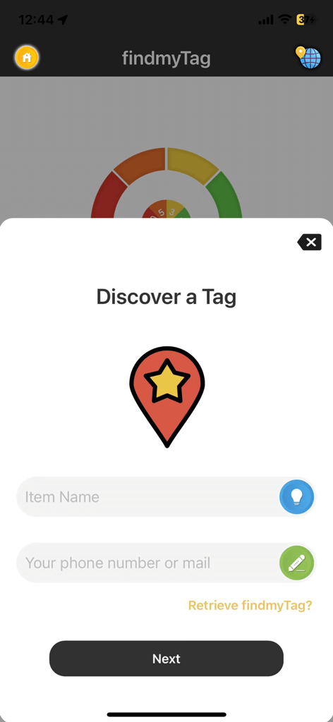 findmyTag - The Discover a Tag screen in the findmyTag app with fields for item name and contact information.
