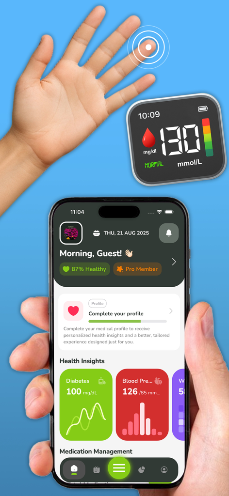 CareOn: Diabetes & Glucose App - iPhone-Bildschirm mit der Benutzeroberfläche der CareOn Diabetes- und Blutdruck-Tracking-App
