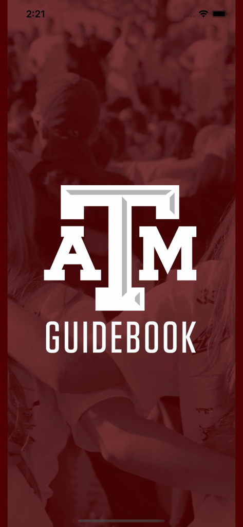 Texas AM Admissions Guidebook splash screen featuring the university logo over a maroon crowd background