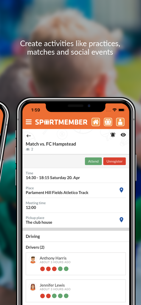 SportMember mobile app displaying match schedule details and a list of carpool drivers.