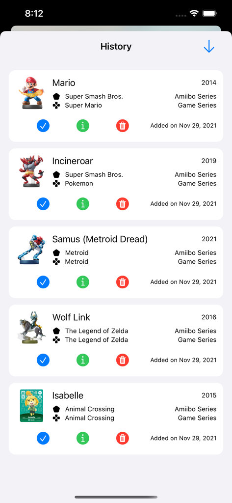 Una lista de etiquetas NFC escritas en la pantalla de historial de la aplicación Tagmiibo, incluyendo Mario y Lobo Link