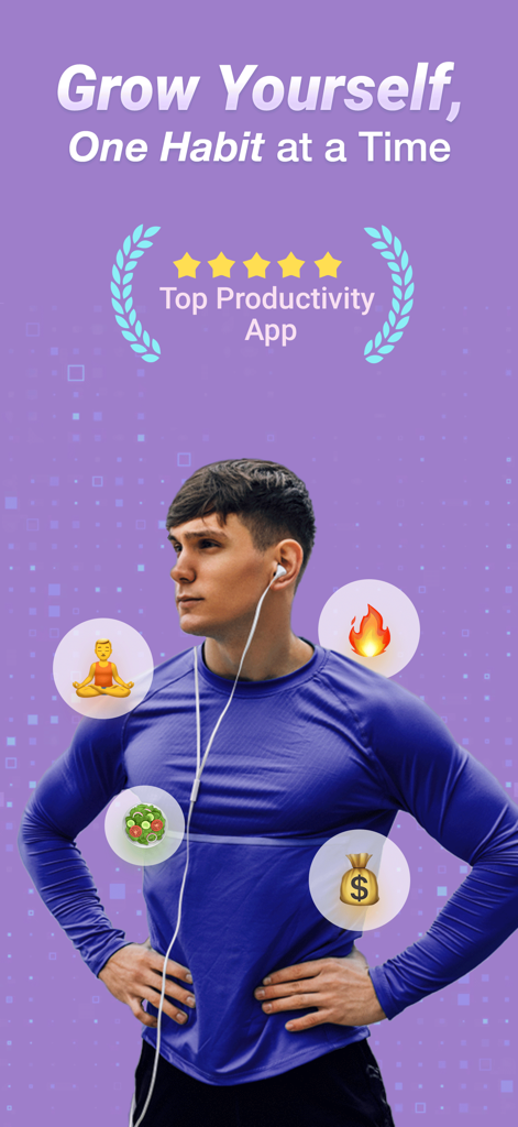 Pure Habit app promotional screen featuring an athletic man with habit icons for meditation, healthy eating, and financial goals.
