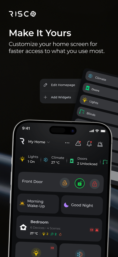 Interfaz de la app de smartphone iRISCO mostrando una pantalla de inicio personalizable para seguridad y automatización.