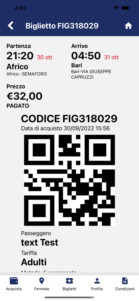 MyFederico - A digital bus ticket for travel from Africo to Bari displayed on the MyFederico app screen with a QR code
