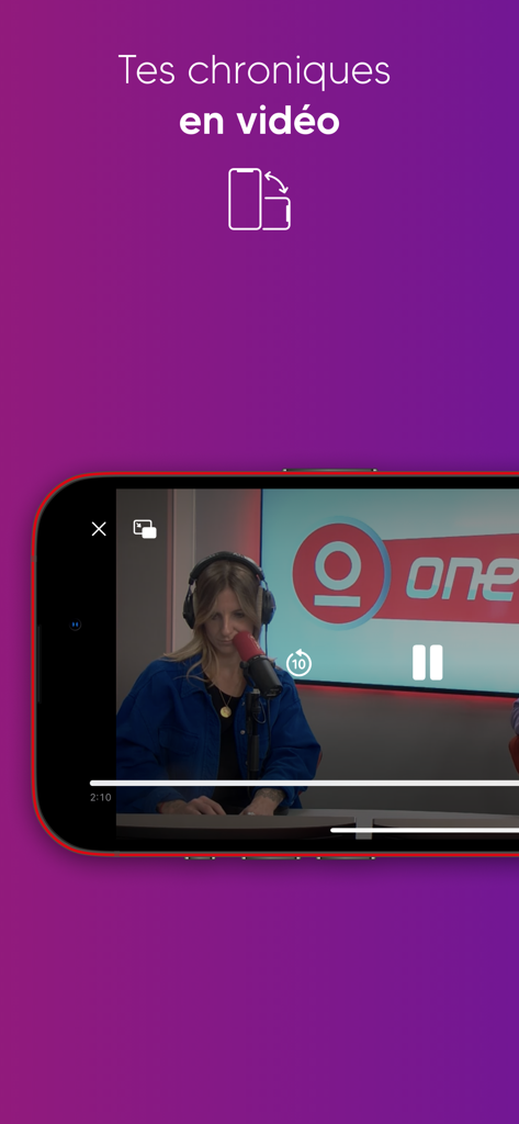 One FM - One FM radio app interface showing a video chronicle playing in landscape mode on a smartphone
