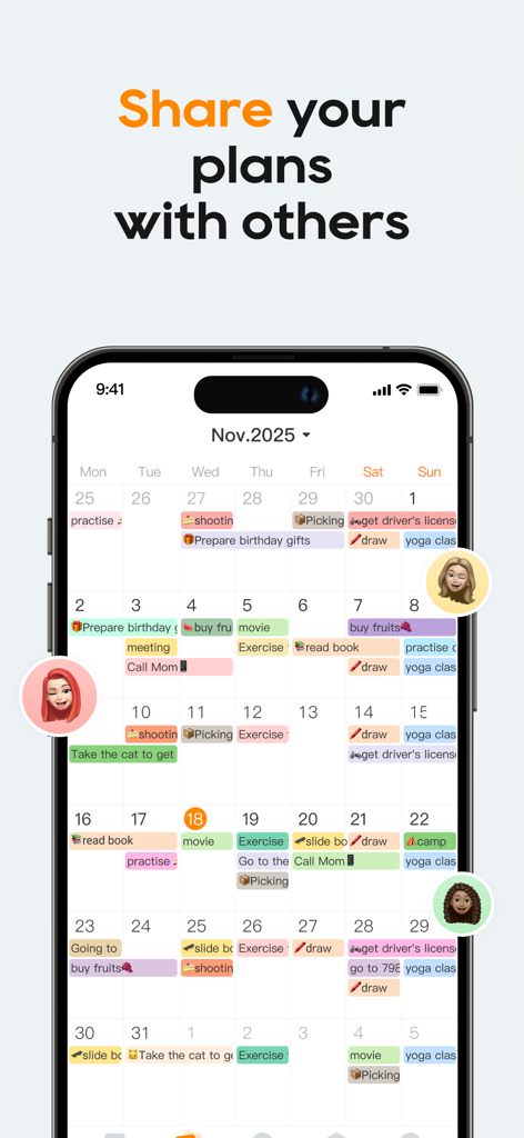 TimePlanner : Tasks & Habits - Vista del calendario mensile nell'app TimePlanner che mostra attività e piani condivisi.