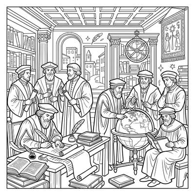 Explore the vibrant intellectual world of the Renaissance with this detailed coloring page featuring humanists and scholars. Dive into a scene rich with historical artifacts and academic pursuit, perfect for mindful coloring.