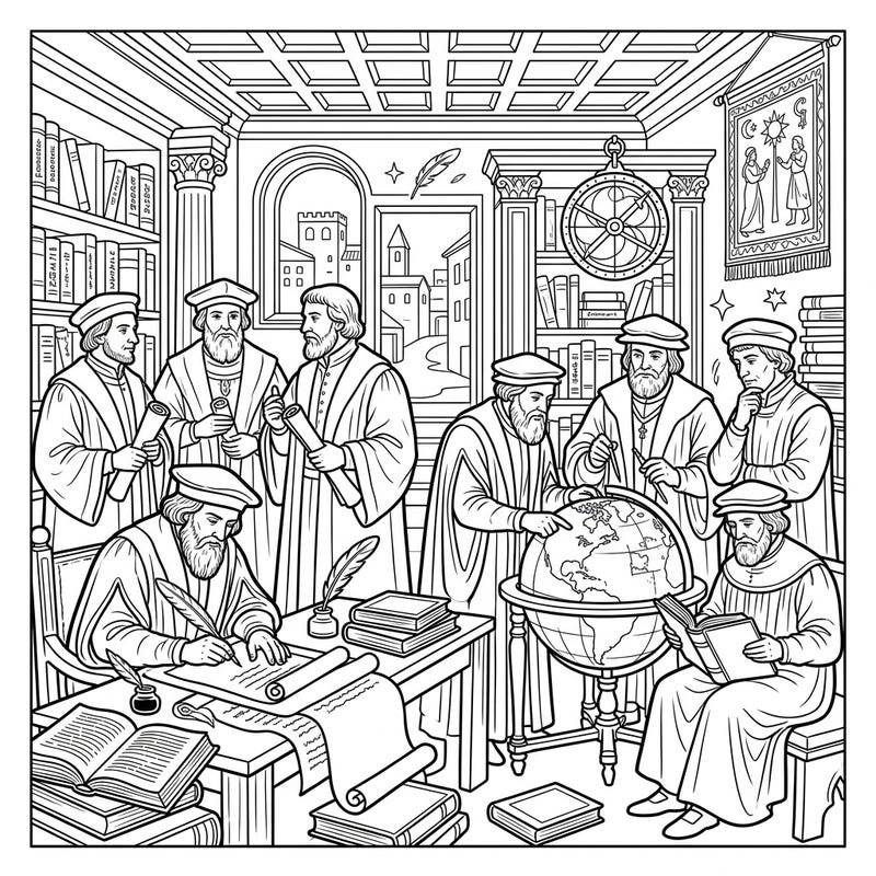 Explore the vibrant intellectual world of the Renaissance with this detailed coloring page featuring humanists and scholars. Dive into a scene rich with historical artifacts and academic pursuit, perfect for mindful coloring.