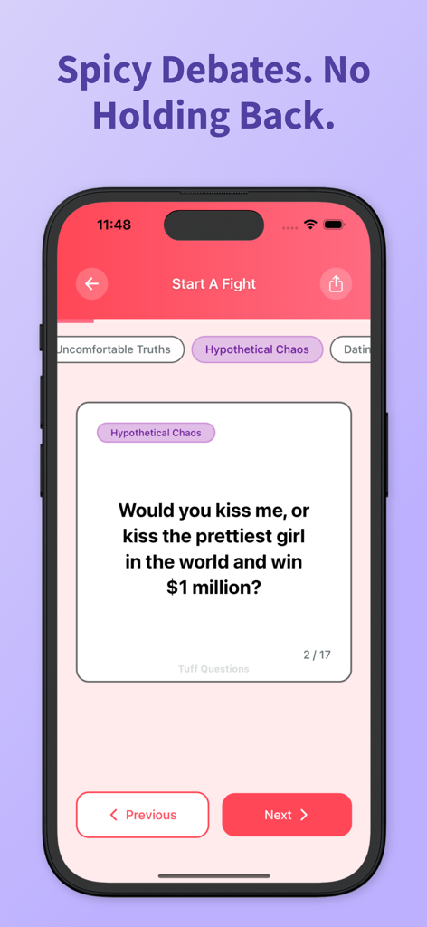 Tuff Questions - Couple Game - Pantalla de la aplicación Tuff Questions que muestra una tarjeta de pregunta de debate picante del mazo 'Start A Fight' (Inicia una Pelea).