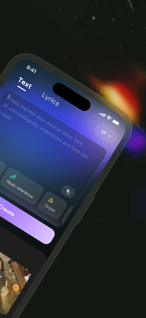 Mureka - AI Music Generator - Mureka AI音楽ジェネレーターのインターフェースが表示されたスマートフォン。オリジナル曲作成のためのテキストと歌詞入力オプションがある
