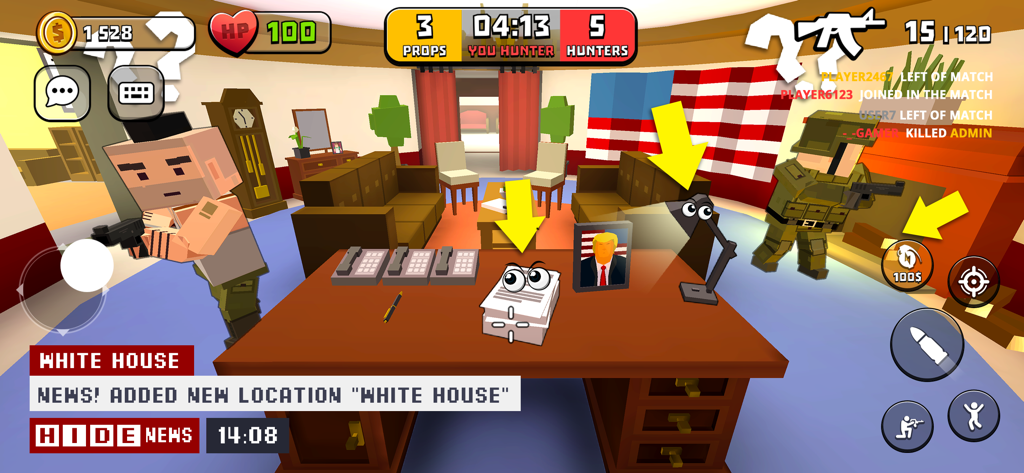 H.I.D.E. - Hide or Seek Online - Screenshot del gioco mobile H.I.D.E. che mostra personaggi e oggetti pixel art in una stanza a tema Casa Bianca.