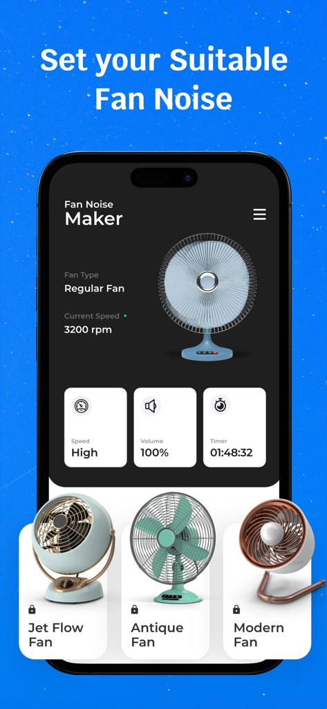 Fan Noise - white noise app - User interface of Fan Noise Maker app showing customizable fan speed volume and sleep timer settings