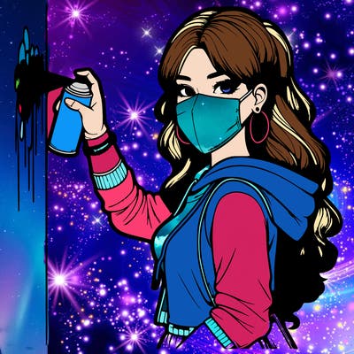 realistic girl with mask spray painting a wall