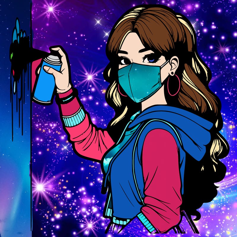 realistic girl with mask spray painting a wall