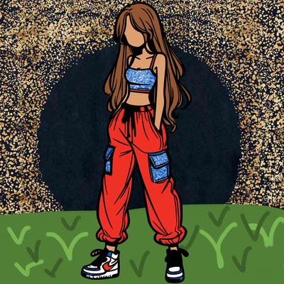 girl in baggy pants crop top and long hair