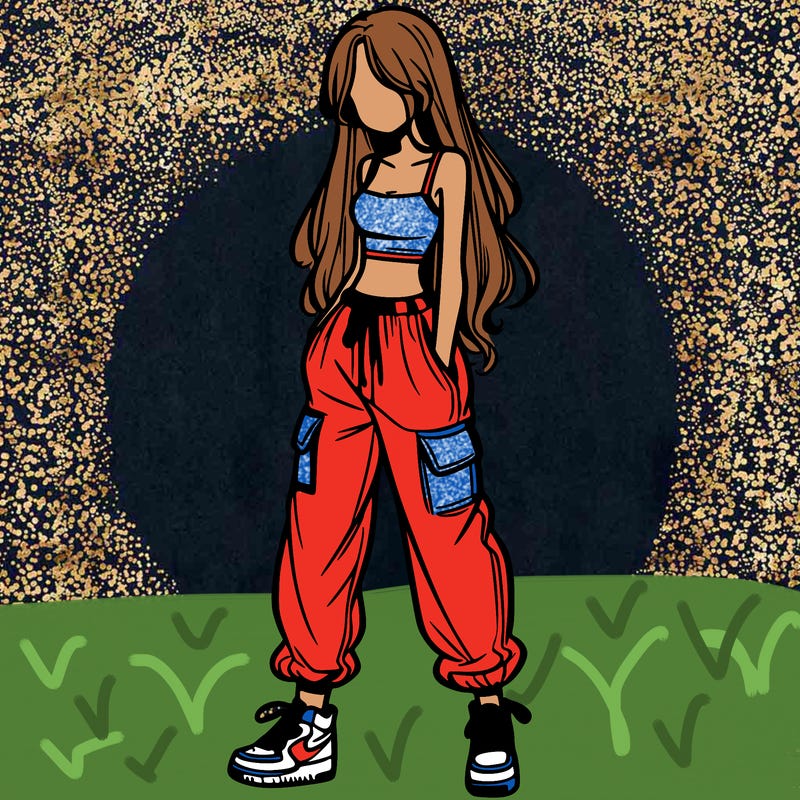 girl in baggy pants crop top and long hair