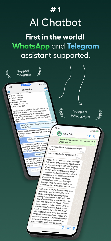 WhatGdt: Ai WA Chat Assistant - Interfaz del asistente de chat IA mostrando ejemplos de respuestas automatizadas en WhatsApp y Telegram