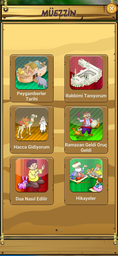 Muezzin Prayer Time Azan - A screen from the Muezzin app showing various Islamic educational modules for children in Turkish like Prophets history and prayer tutorials.