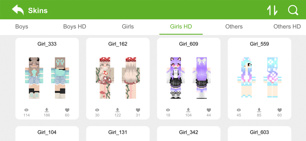 Skin Editor 3D - A menu showing multiple aesthetic and cute HD girl skins for a craft game.
