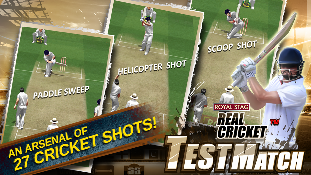 Real Cricket™ Test Match - A gameplay screenshot of Real Cricket Test Match highlighting 27 different cricket shots including paddle sweep helicopter and scoop shots