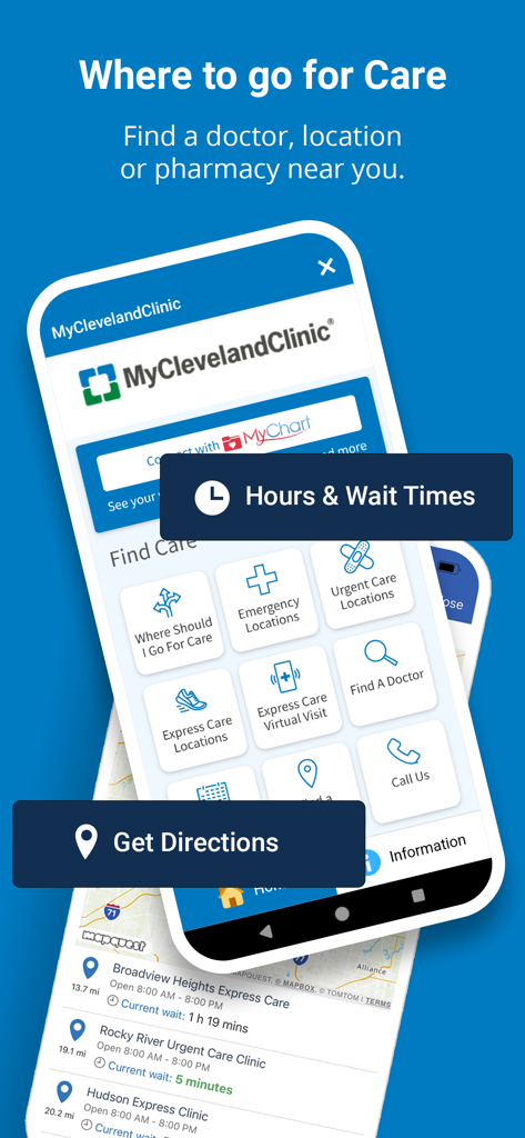 MyClevelandClinic app screen showing options to find doctors urgent care and emergency locations with real-time wait times