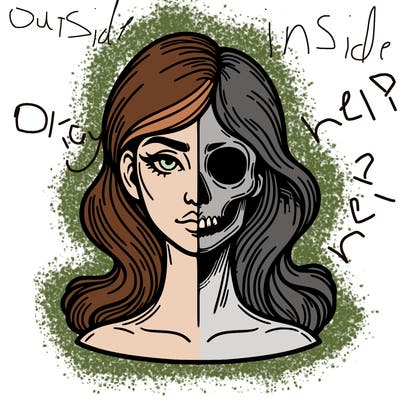 bust of a woman, half face and hair, half skull