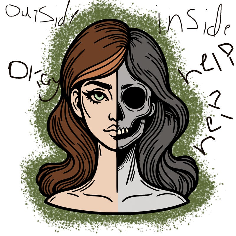 bust of a woman, half face and hair, half skull