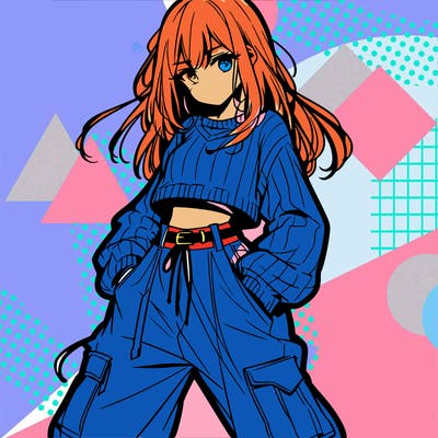 anime teen girl with baggy pants and crop top with sweater