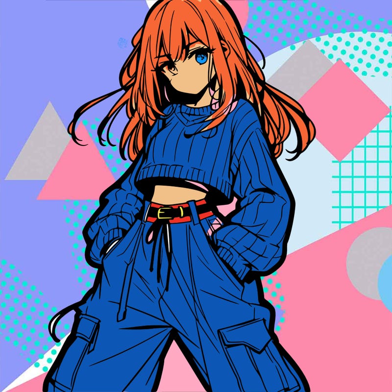 anime teen girl with baggy pants and crop top with sweater
