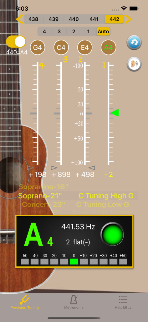 UkuleleTuner - Tuner for Uke - Interfaz del afinador digital de ukelele que muestra la pantalla de afinación de precisión y la configuración de frecuencia