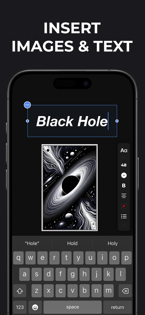 Infinite Zoom Art - Canvas Max - A smartphone screen displaying the Canvas Max app interface for adding images and text