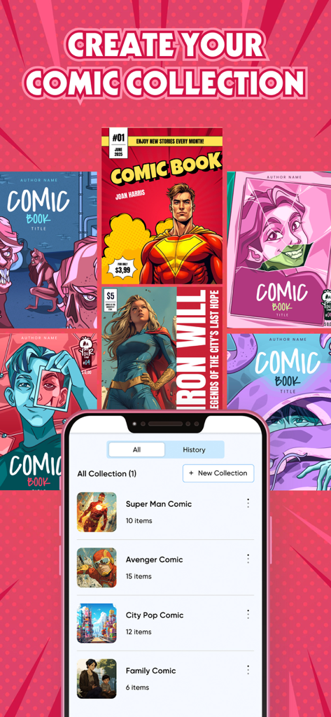 Comic Book Value Scanner X - スマートフォンの画面に、さまざまなコミックブックの表紙が背景にあるカテゴリ別に整理されたコミックブックコレクションが表示されています