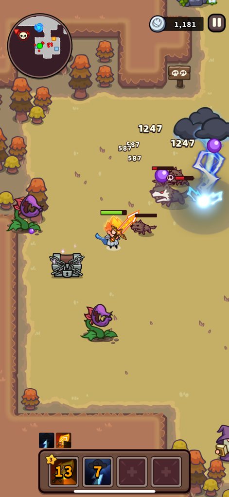 Action gameplay of Loot and Boot showing a hero character battling monsters with lightning skills near a treasure chest