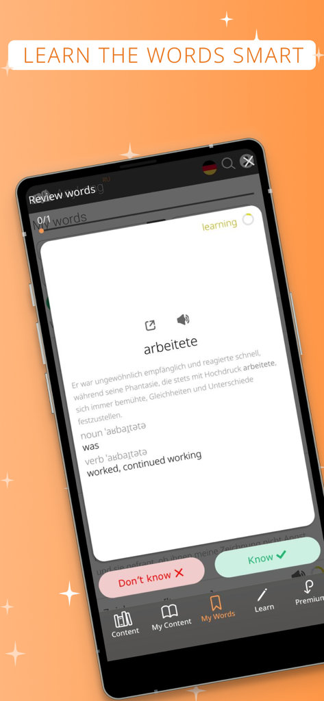 AnyLang app vocabulary review interface showing a German word translation and context sentence.