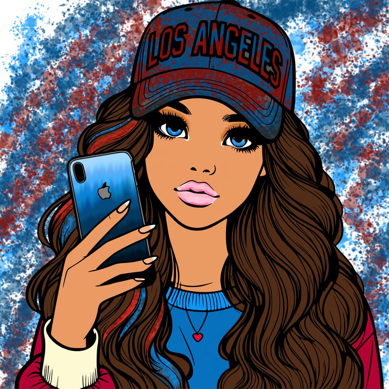 realistic beautiful girl wearing los ángeles cap holding an iphone