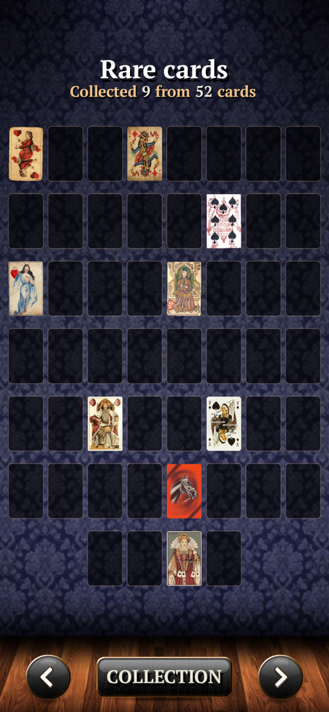 Elite Klondike Solitaire - La pantalla de colección de cartas raras en Elite Klondike Solitaire con diseños de cartas vintage.