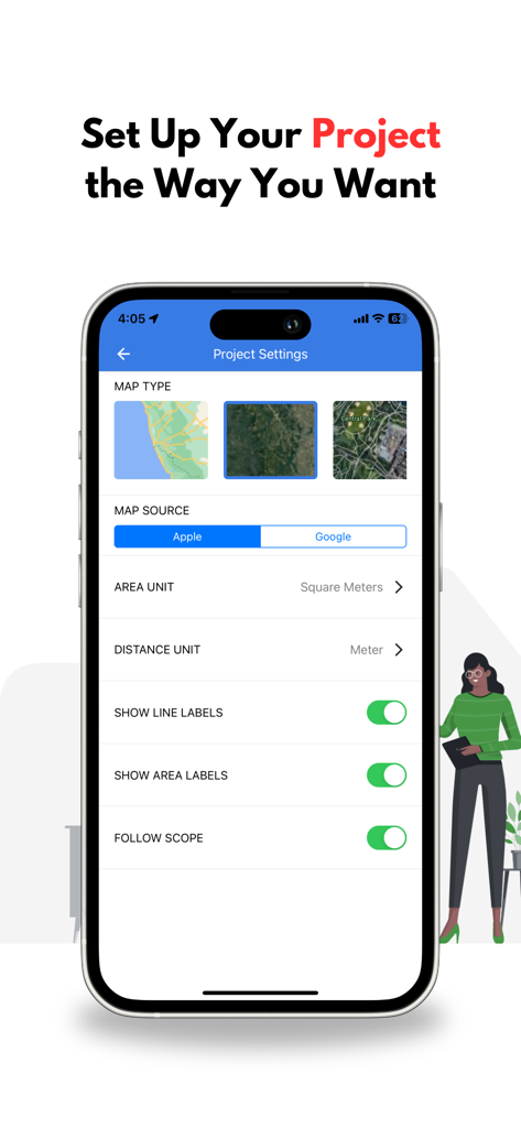 GPS Land Measurement & Survey - Interface showing project settings in the Mapulator app with options for map types and measurement units