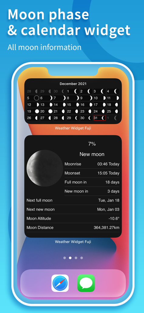 Moon phase and calendar widgets displayed on an iPhone home screen