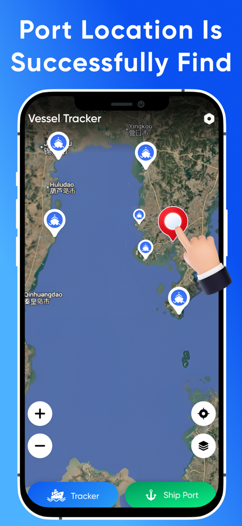 App di tracciamento navi che mostra le posizioni dei porti su una mappa satellitare interattiva